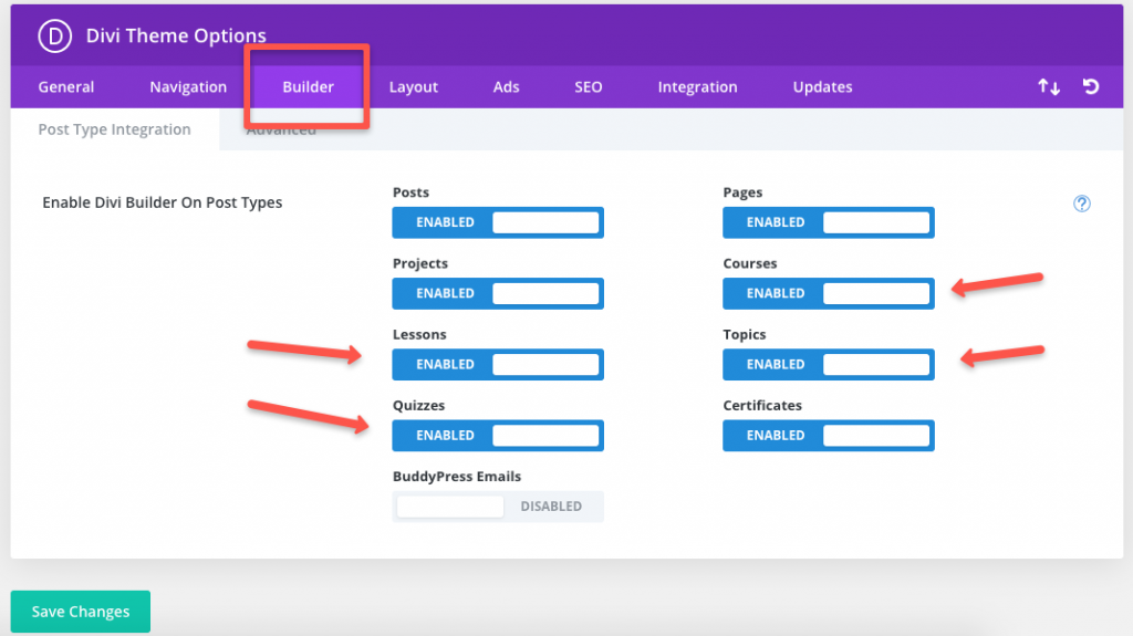 How to turn on Divi editor for LearnDash content